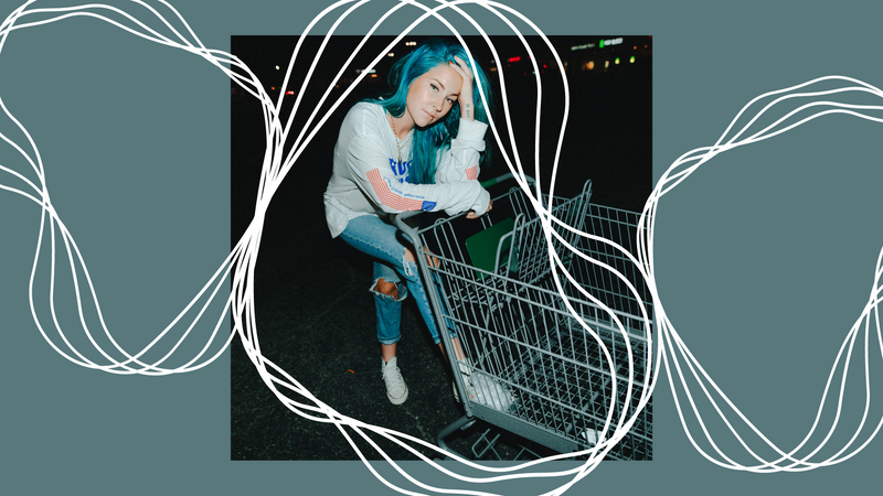 Charlotte Sands leaning on a shopping cart. White scribbles and turquoise background. 