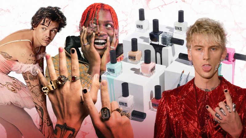 Celebrity men's nail polish brands Harry Styles nails Machine Gun Kelley nails UNDN and PLEASING